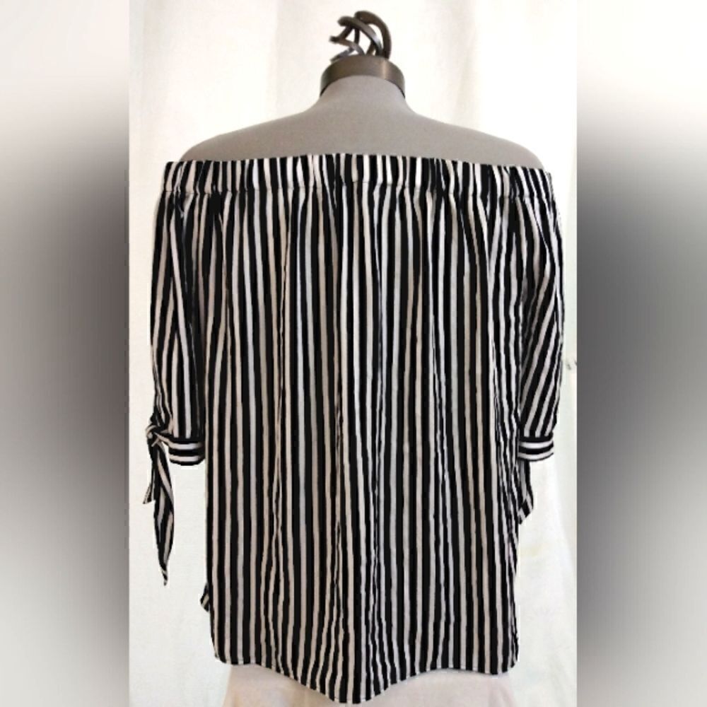 H&M Blouse Short Sleeve Top Black & White Stripes SZ 12 Bow Ties - Picture 7 of 9